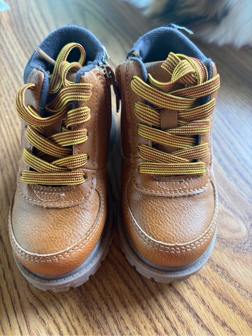 Carter's Tan Leather Kids Hiking-Style Boots with Yellow Accent Laces
